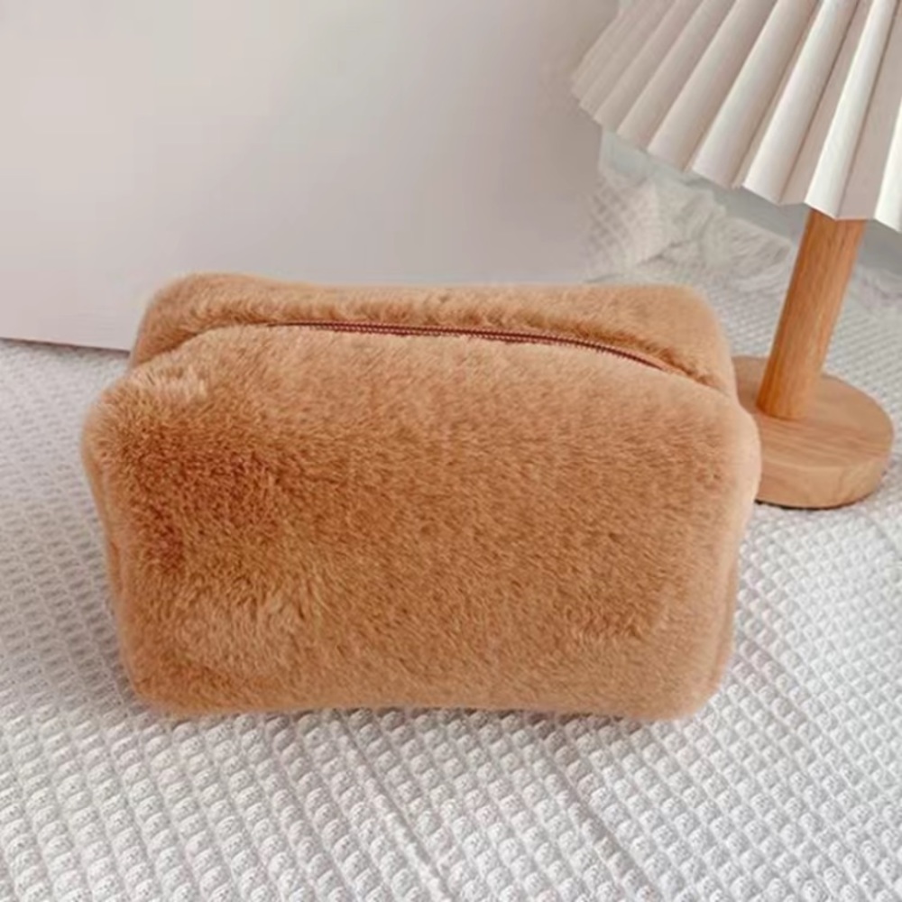 Womens NEW Brown Faux Fur Zipper Cosmetic Bag/Travel Clutch/Makeup Purse, OS